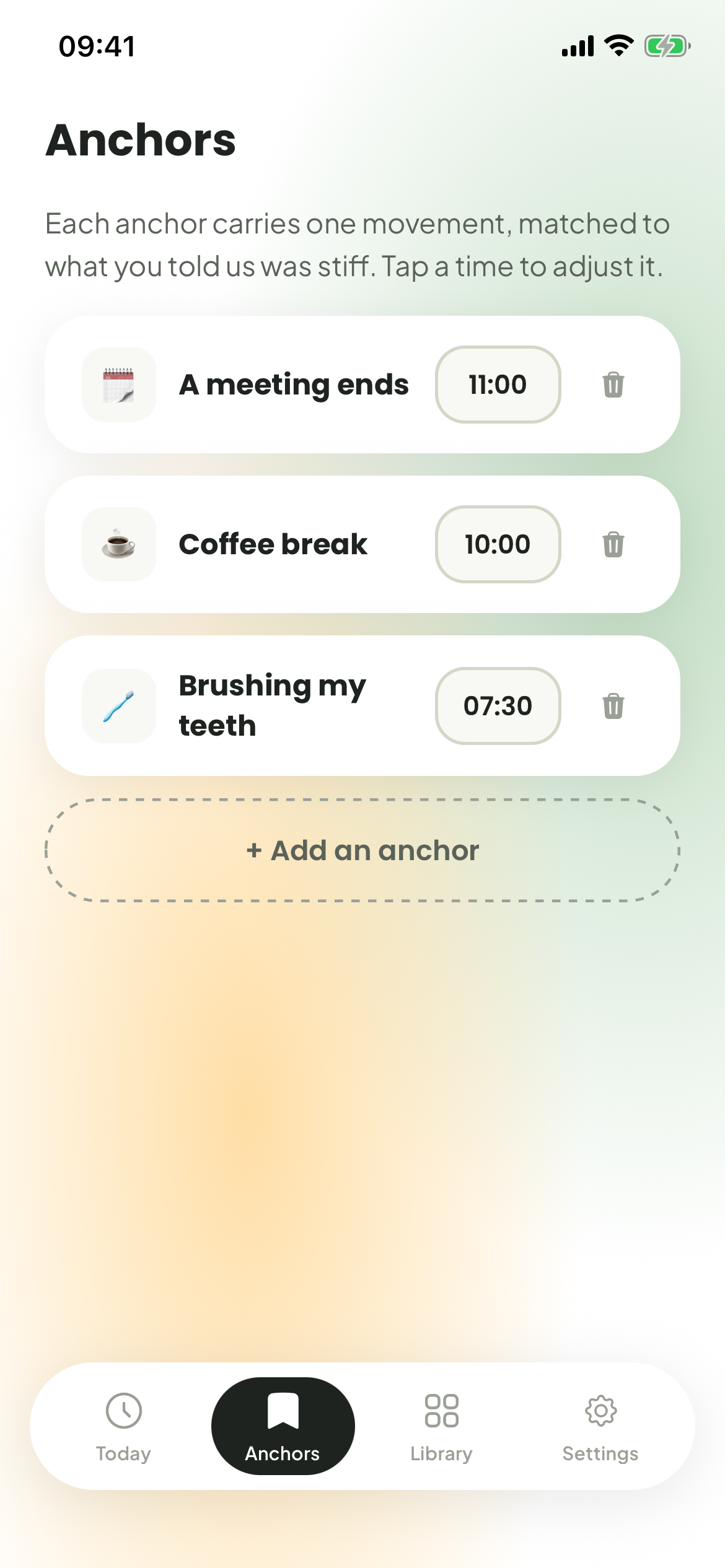 undae Anchors screen showing reminders set for a meeting ending, coffee break, and brushing teeth