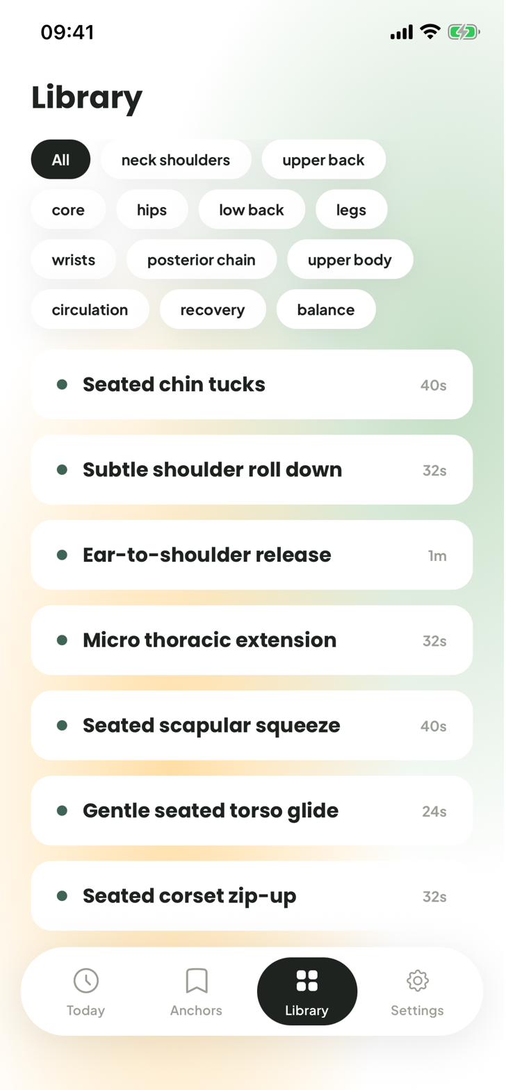 undae Library screen listing movements by category, such as seated chin tucks and shoulder roll down